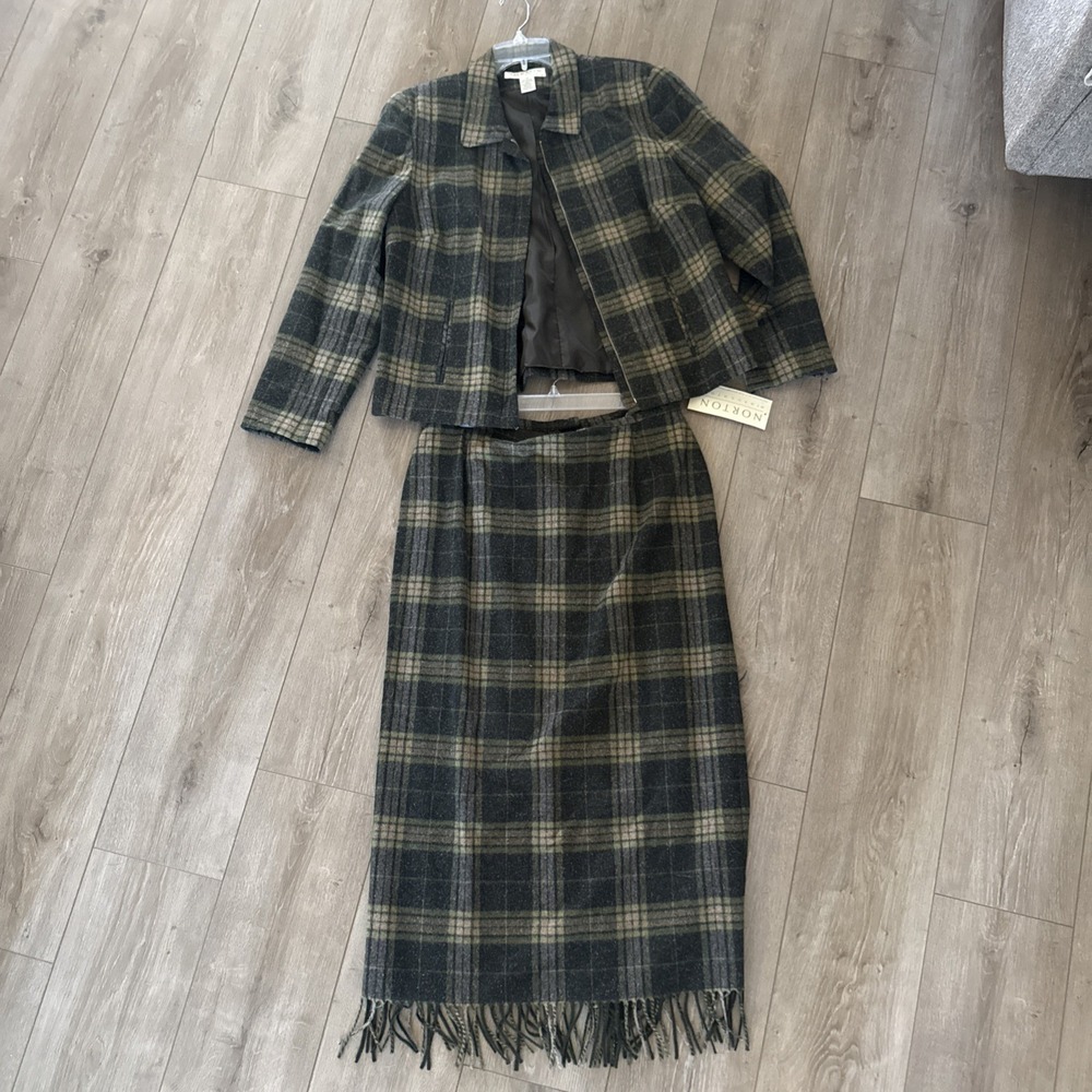 NWT Vintage Norton McNaughton Womens Wool Plaid Jacket & Skirt 14 Green Plaid